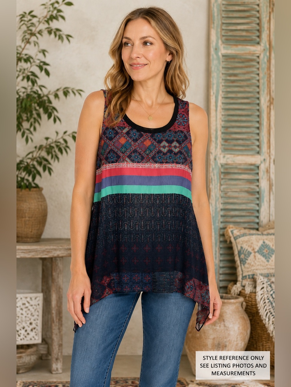 Desigual Multicolor Boho Asymmetrical Sheer Hem Tunic Top M